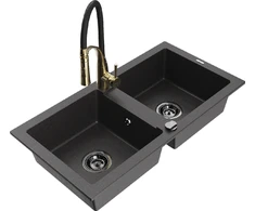 Granitinė virtuvinė plautuvė Mexen Mario su maišytuvu ir sifonu, Juodas granite+Juodas/Gold