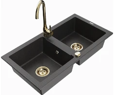 Granitinė virtuvinė plautuvė Mexen Mario su maišytuvu ir sifonu, Juodas granite+Gold