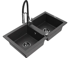 Granitinė virtuvinė plautuvė Mexen Mario su maišytuvu ir sifonu, Juodas granite+Juodas/Chrome