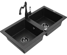 Granitinė virtuvinė plautuvė Mexen Mario su maišytuvu ir sifonu, Metallic juodas/sidabrinis+Juodas
