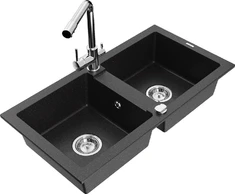 Granitinė virtuvinė plautuvė Mexen Mario su maišytuvu ir sifonu, Metallic juodas/sidabrinis+Chrome