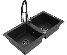 Granitinė virtuvinė plautuvė Mexen Mario su maišytuvu ir sifonu, Metallic juodas/sidabrinis+Juodas/Chrome