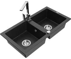 Granitinė virtuvinė plautuvė Mexen Mario su maišytuvu ir sifonu, Metallic juodas/sidabrinis+Chrome