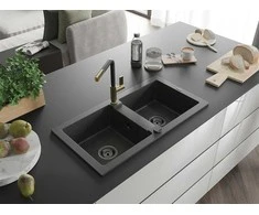 Granitinė virtuvinė plautuvė Mexen Mario su maišytuvu ir sifonu, Juodas granite+Juodas/Gold