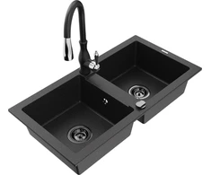 Granitinė virtuvinė plautuvė Mexen Mario su maišytuvu ir sifonu, Metallic juodas/sidabrinis+Juodas