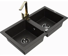 Granitinė virtuvinė plautuvė Mexen Mario su maišytuvu ir sifonu, Metallic juodas/auksinis+Gold