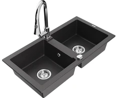 Granitinė virtuvinė plautuvė Mexen Mario su maišytuvu ir sifonu, Juodas granite+Chrome