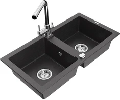 Granitinė virtuvinė plautuvė Mexen Mario su maišytuvu ir sifonu, Juodas granite+Chrome
