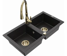 Granitinė virtuvinė plautuvė Mexen Mario su maišytuvu ir sifonu, Metallic juodas/sidabrinis+Gold