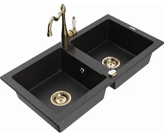 Granitinė virtuvinė plautuvė Mexen Mario su maišytuvu ir sifonu, Metallic juodas/sidabrinis+Gold