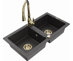 Granitinė virtuvinė plautuvė Mexen Mario su maišytuvu ir sifonu, Juodas granite+Gold