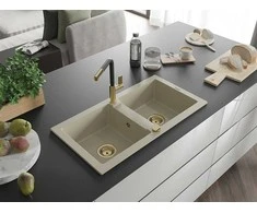 Granitinė virtuvinė plautuvė Mexen Mario su maišytuvu ir sifonu, rusvai gelsvas+Juodas/Gold
