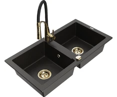 Granitinė virtuvinė plautuvė Mexen Mario su maišytuvu ir sifonu, Metallic juodas/auksinis+Juodas/Gold