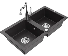 Granitinė virtuvinė plautuvė Mexen Mario su maišytuvu ir sifonu, Juodas granite+Chrome