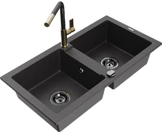 Granitinė virtuvinė plautuvė Mexen Mario su maišytuvu ir sifonu, Juodas granite+Juodas granite/Gold