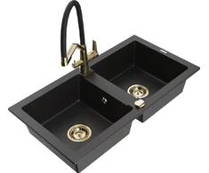 Granitinė virtuvinė plautuvė Mexen Mario su maišytuvu ir sifonu, Metallic juodas/sidabrinis+Juodas/Gold