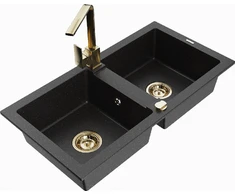 Granitinė virtuvinė plautuvė Mexen Mario su maišytuvu ir sifonu, Metallic juodas/sidabrinis+Gold