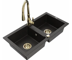 Granitinė virtuvinė plautuvė Mexen Mario su maišytuvu ir sifonu, Metallic juodas/auksinis+Gold