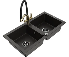 Granitinė virtuvinė plautuvė Mexen Mario su maišytuvu ir sifonu, Metallic juodas/auksinis+Juodas/Gold