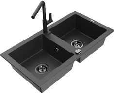 Granitinė virtuvinė plautuvė Mexen Mario su maišytuvu ir sifonu, Juodas granite+Juodas