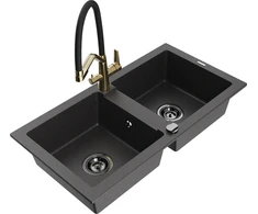 Granitinė virtuvinė plautuvė Mexen Mario su maišytuvu ir sifonu, Juodas granite+Juodas/Gold