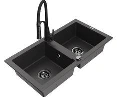 Granitinė virtuvinė plautuvė Mexen Mario su maišytuvu ir sifonu, Juodas granite+Juodas