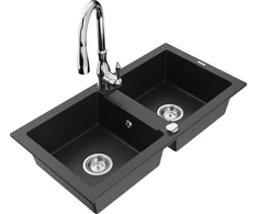 Granitinė virtuvinė plautuvė Mexen Mario su maišytuvu ir sifonu, Metallic juodas/sidabrinis+Chrome