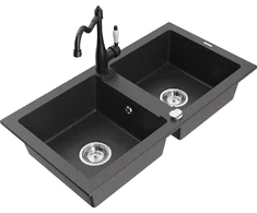 Granitinė virtuvinė plautuvė Mexen Mario su maišytuvu ir sifonu, Juodas granite+Juodas