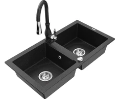 Granitinė virtuvinė plautuvė Mexen Mario su maišytuvu ir sifonu, Metallic juodas/sidabrinis+Juodas