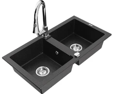 Granitinė virtuvinė plautuvė Mexen Mario su maišytuvu ir sifonu, Metallic juodas/sidabrinis+Chrome