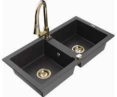 Granitinė virtuvinė plautuvė Mexen Mario su maišytuvu ir sifonu, Juodas granite+Gold