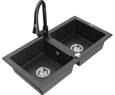 Granitinė virtuvinė plautuvė Mexen Mario su maišytuvu ir sifonu, Juodas granite+Juodas