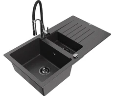Granitinė virtuvinė plautuvė Mexen Matias su maišytuvu ir sifonu, Juodas granite+Juodas/Chrome