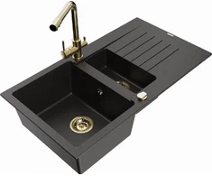 Granitinė virtuvinė plautuvė Mexen Matias su maišytuvu ir sifonu, Metallic juodas/auksinis+Gold