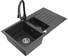Granitinė virtuvinė plautuvė Mexen Matias su maišytuvu ir sifonu, Juodas granite