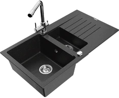Granitinė virtuvinė plautuvė Mexen Matias su maišytuvu ir sifonu, Metallic juodas/sidabrinis+Chrome