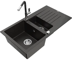 Granitinė virtuvinė plautuvė Mexen Matias su maišytuvu ir sifonu, Metallic juodas/auksinis+Juodas/Chrome