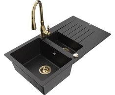 Granitinė virtuvinė plautuvė Mexen Matias su maišytuvu ir sifonu, Metallic juodas/sidabrinis+Gold