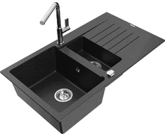 Granitinė virtuvinė plautuvė Mexen Matias su maišytuvu ir sifonu, Metallic juodas/sidabrinis+Chrome