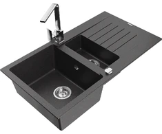 Granitinė virtuvinė plautuvė Mexen Matias su maišytuvu ir sifonu, Juodas granite+Chrome