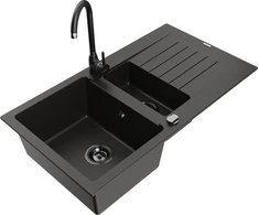 Granitinė virtuvinė plautuvė Mexen Matias su maišytuvu ir sifonu, Metallic juodas/auksinis+Juodas
