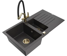 Granitinė virtuvinė plautuvė Mexen Matias su maišytuvu ir sifonu, Juodas granite+Juodas/Gold