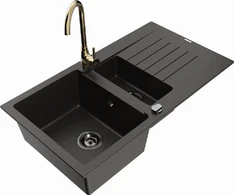 Granitinė virtuvinė plautuvė Mexen Matias su maišytuvu ir sifonu, Metallic juodas/auksinis+Gold