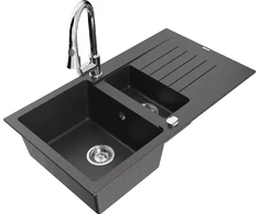 Granitinė virtuvinė plautuvė Mexen Matias su maišytuvu ir sifonu, Juodas granite+Chrome
