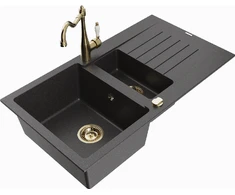 Granitinė virtuvinė plautuvė Mexen Matias su maišytuvu ir sifonu, Juodas granite+Gold