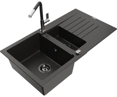 Granitinė virtuvinė plautuvė Mexen Matias su maišytuvu ir sifonu, Metallic juodas/auksinis+Juodas/Chrome