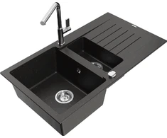 Granitinė virtuvinė plautuvė Mexen Matias su maišytuvu ir sifonu, Metallic juodas/auksinis+Chrome