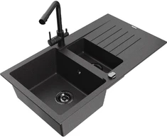 Granitinė virtuvinė plautuvė Mexen Matias su maišytuvu ir sifonu, Juodas granite+Juodas