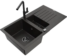 Granitinė virtuvinė plautuvė Mexen Matias su maišytuvu ir sifonu, Metallic juodas/auksinis+Juodas