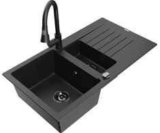 Granitinė virtuvinė plautuvė Mexen Matias su maišytuvu ir sifonu, Metallic juodas/sidabrinis+Juodas